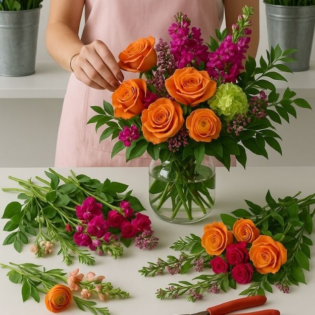 Florist arranging orange roses and pink flowers in a glass vase on a worktable with loose stems nearby.
