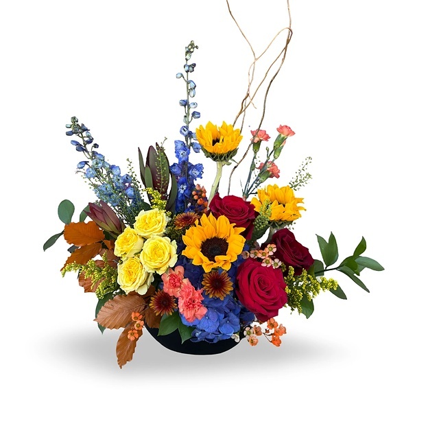 Sunflowers, burgundy roses, blue blooms, and fall foliage arranged in a low black vase against a white background.